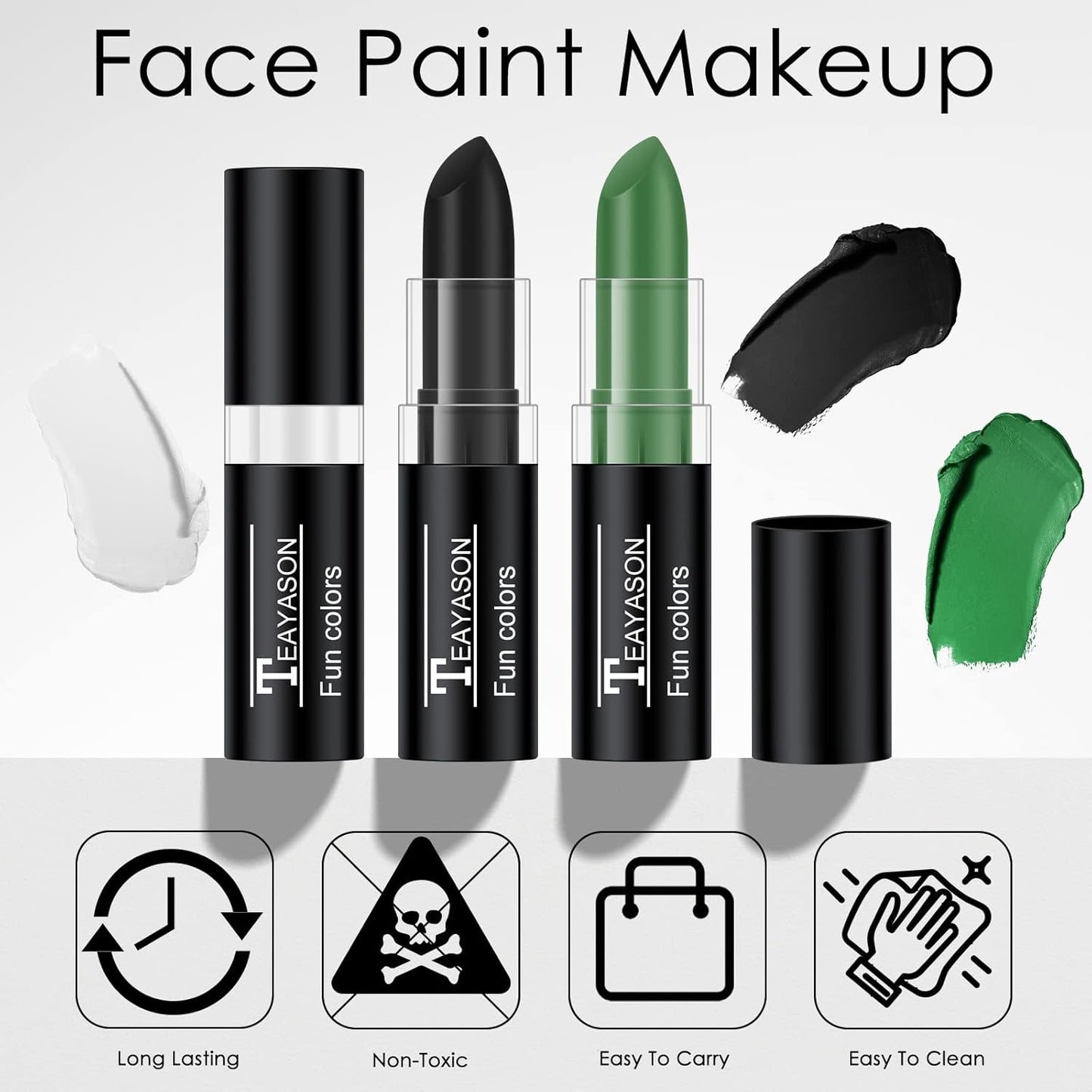 3 Colors White Black Green Face Body Paint Stick, Eye Black Lipstick Face Paint for Baseball/Football/Halloween/Costume Parties Accessories Vampire/Witch/Clown Makeup Face& Body Paint