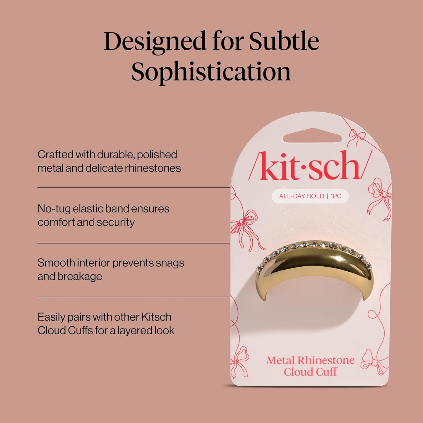 Kitsch Rhinestone Hair Cuff for Women - Gold Hair Accessories for Ponytails, Buns & Braids – Stylish Medium Gold Hair Cuff, No-Show Elastic | Elegant Gifts for Women & Stocking Stuffers - 1pc