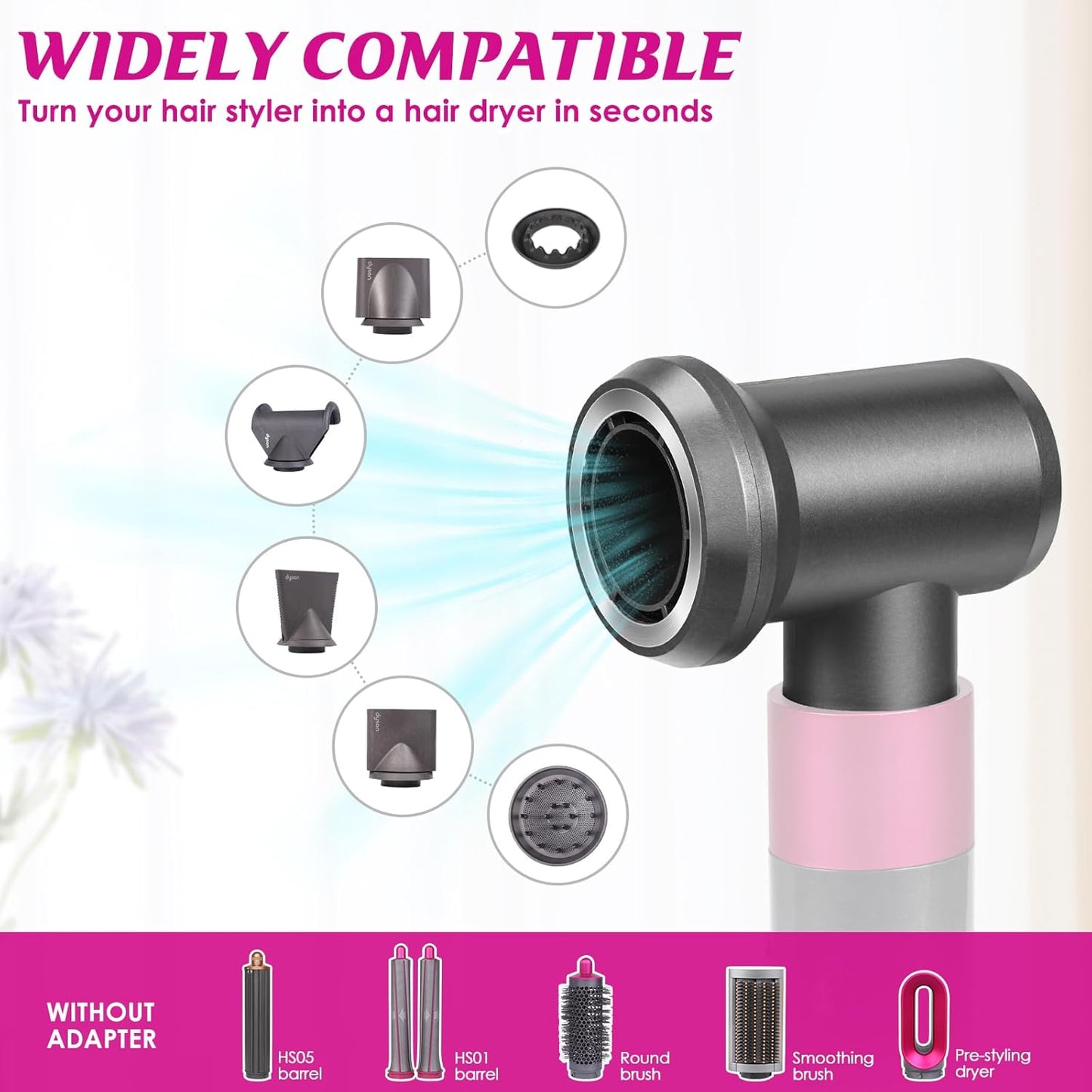 Professional Concentrator and Adapter Kit Compatible with Dyson Airwrap Styler, for Curling Iron Converting to Hair Dryer, with Hair Dryer Attachment Holder