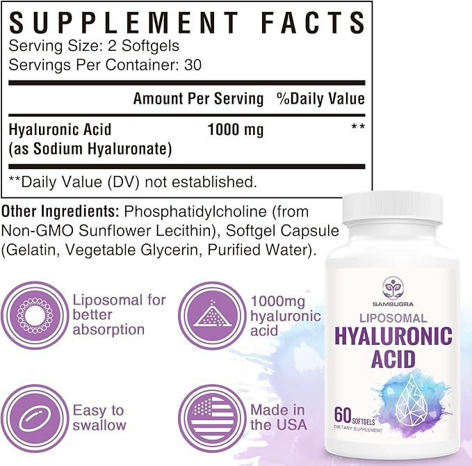 Liposomal Hyaluronic Acid 1000mg, High BioavailabilityHyaluronic Acid Capsules, Dietary Supplement Support Skin and Joint Lubrication, 180 Capsules (Pack of 3)