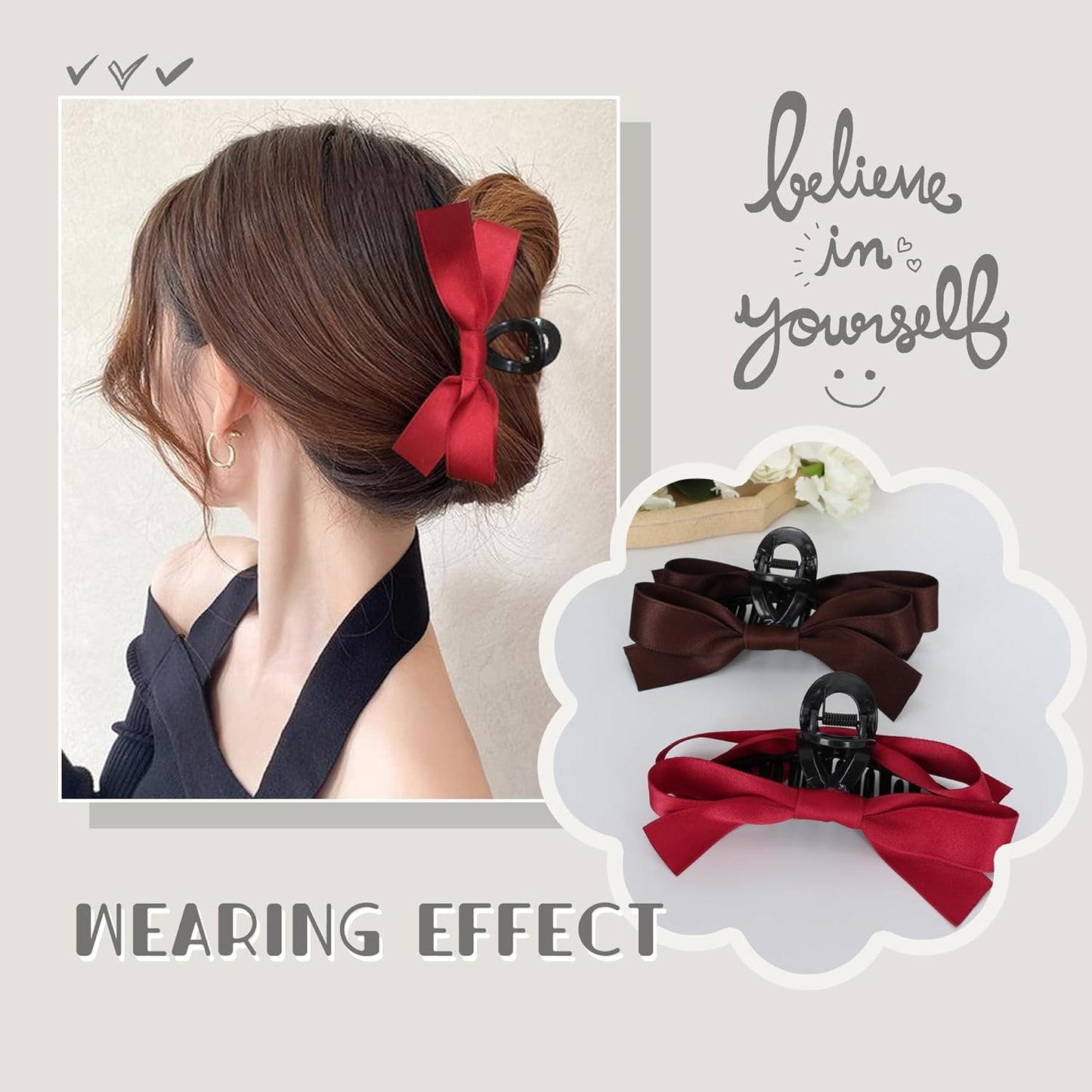 FAELBATY Silky Satin Hair Claw Clips with Big Bows - Non-Slip Claw Clips for Thin or Thick Hair, Gift Set for Women and Girls, Wedding Bridesmaids - 4 PCS