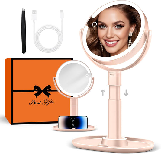 B Beauty Planet Makeup Mirror with Lights, Lighted Magnifying Mirror 30X with 3 Lighting and Adjustable Brightness, 2-Sided Height Adjustable Vanity Mirror for Bathroom, Gifts for Women Pink