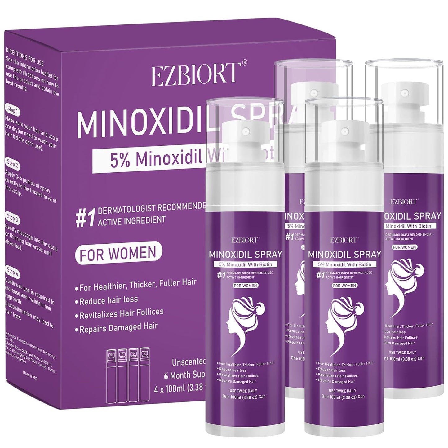 5% Minoxidil Spray for Women-4 PCS ，monoxide for men hair Infused with Biotin, hers hair regrowth treatment, Supports Thicker and Fuller Hair & Beard (13oz, 7 Month Supply)