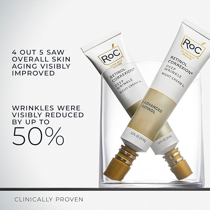 RoC Retinol Correxion Deep Wrinkle Anti-Aging Night Cream, Daily Face Moisturizer with Shea Butter, Glycolic Acid and Squalane, Skin Care Treatment, 1 Ounces (Packaging May Vary)