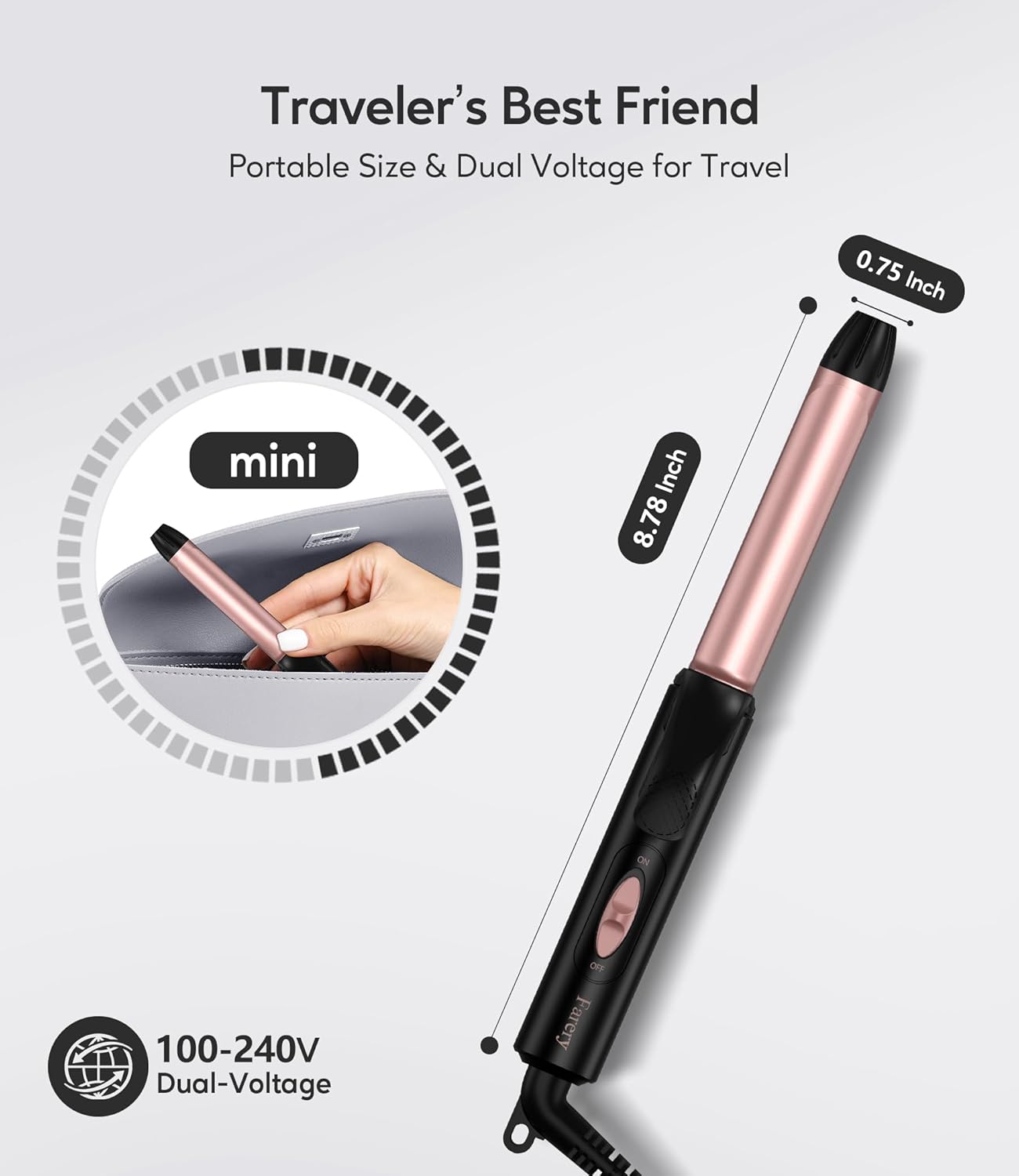 FARERY Ceramic Mini Hair Curler for Short Hair, 3/4 Inch, Dual Voltage, Travel Size with Keratin & Argan Oil Infused, Curling Iron with Storage Bag