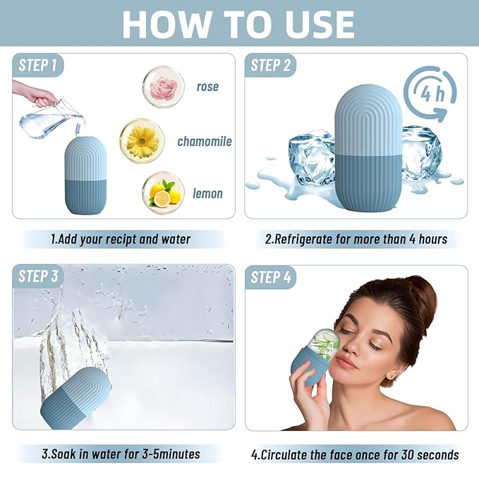 Upgraded Facial Ice Roller for Self Skin Care of all Types, Cold Face Ice Roller Facial Massager for Shrink Pores Anti Wrinkle Reduce Puffiness Improve Skin Elasticity, Striped (Blue)