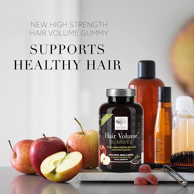 NEW NORDIC Hair Volume Gummies, 2500 mcg Biotin, Daily Hair Vitamins Supplement to Support Hair Skin & Nails, Vegan, 60 Count (Pack of 3)