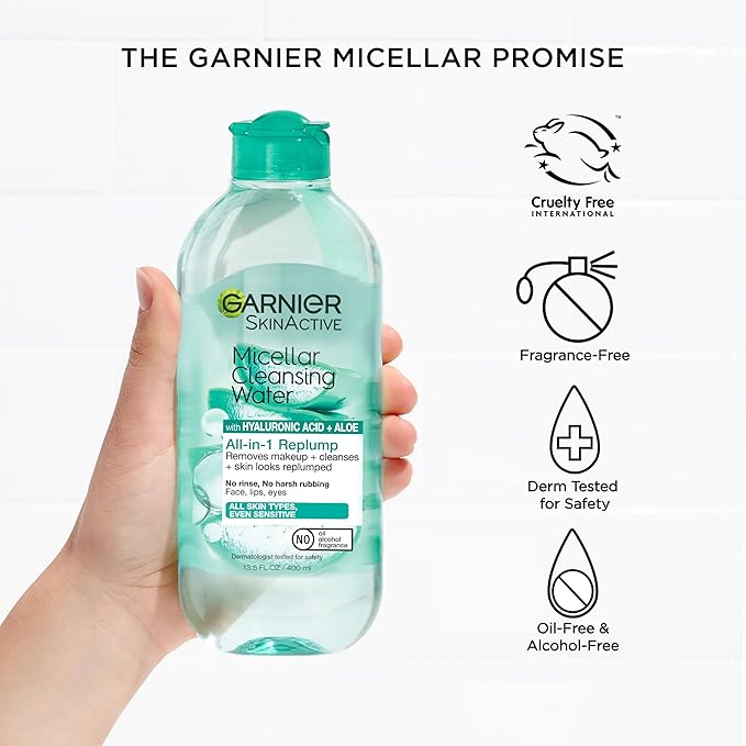 Garnier Micellar Water with Hyaluronic Acid, Facial Cleanser & Makeup Remover, Hydrating and Plumping, For All Skin Types, Vegan, Cruelty Free, 13.5 Fl Oz (400mL), 1 Count