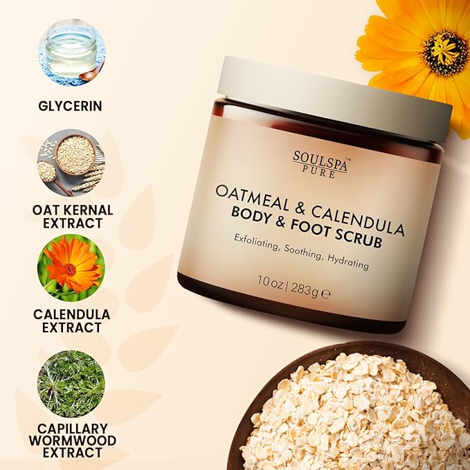 Oatmeal & Calendula Body & Foot Scrub - Soothing & Hydrating Exfoliating Body Scrub for Sensitive and All Skin Types, 10 oz
