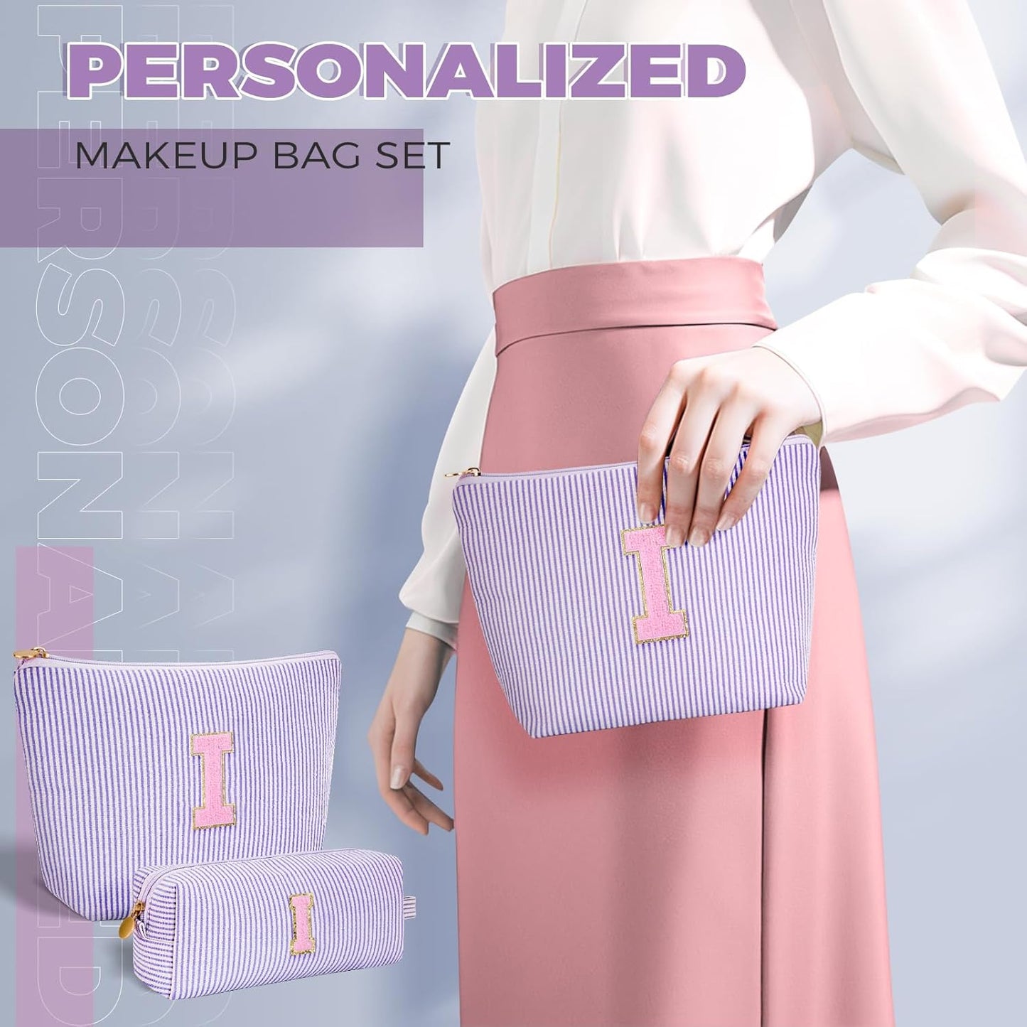Personalized Makeup Bag for Women Girls - Fashion Cosmetic Bag Trendy Travel Toiletry Bag with Initials Letter - Teen Gifts - Lavender,I