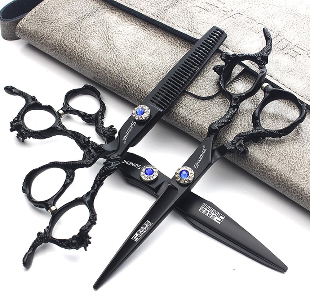 6+7 inch hair stylist barber scissors black plate dragon 440C hairdressing cutting scissors+thinning scissors (3PC)