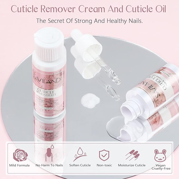 SAVILAND Cuticle Remover and Cuticle Oil Kit with Clear Pink Gel Builder for Nail Thickening