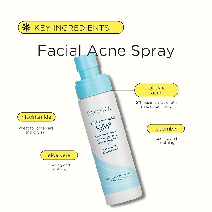 Pacifica Facial Spray for Acne Treatment - Clear Face Mist Acne Spray w/ 2% Salicylic Acid Niacinamide & Aloe - Acne Cleanser - Targets Bacteria for Teens & Adults Vegan Clean Dermatologist Tested