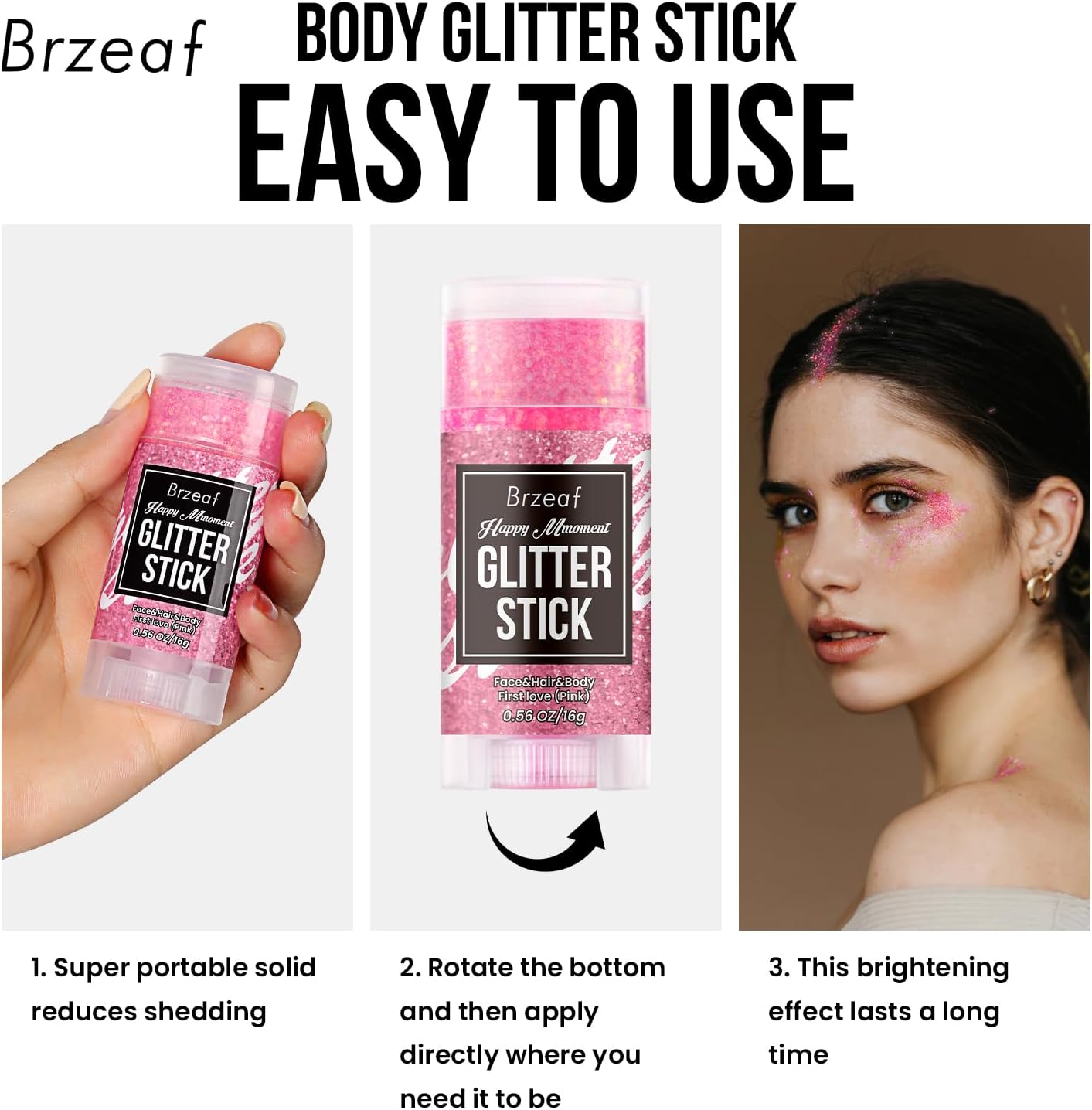 Brzeaf Waterproof Pink Glitter Stick, Not Greasy & Long Lasting, Chunky Glitter for Face/Body/Hair/Eyes/Lip, Singer Concert Music Rave Festival, Glitter Stick Makeup & Face Glitter Gel for Women Men