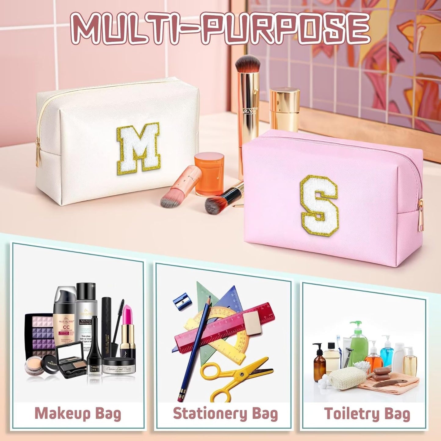 TOPEAST Gifts for Friends Female Mom, Cute Makeup Bag Small Pink Cosmetic Bag Travel Toiletry Bag, Personalized Birthday Gift for Women Girl, Preppy Travel Stuff for Girls (White C)