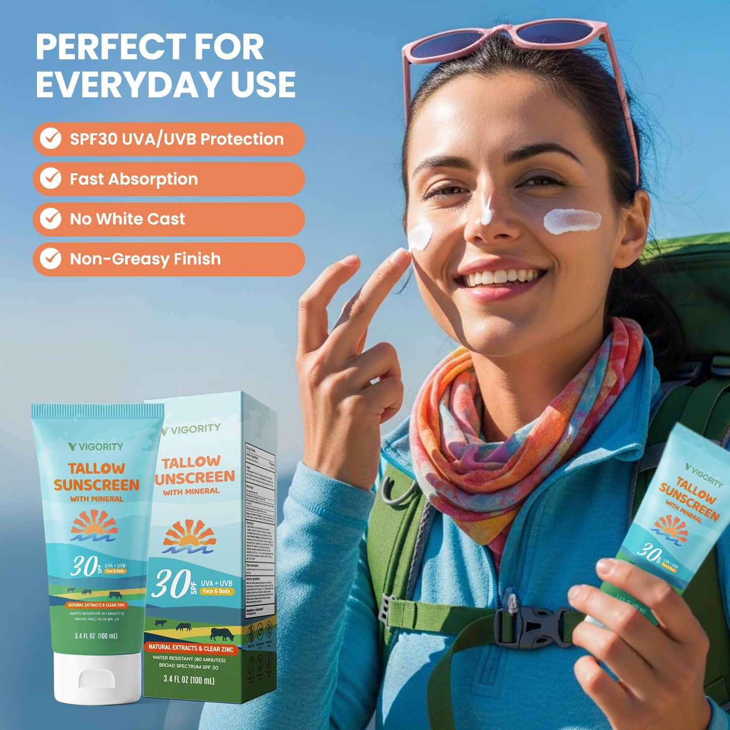 Beef Tallow Sunscreen with Zinc Oxide: Natural Non-Toxic SPF 50 Tallow Sunblock Cream for Face & Body - with 10 Food-Grade Botanical Extracts (SPF 30 (Pack of 1))