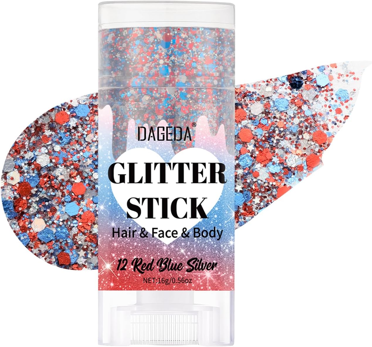 DAGEDA Red White and Blue Body Glitter Stick, Sparkly Face Glitter Makeup, 4th of July Outfits Accessories for Women, Shimmer Face Paint Stick, Fourth of July Independence Day Costumes Accessories