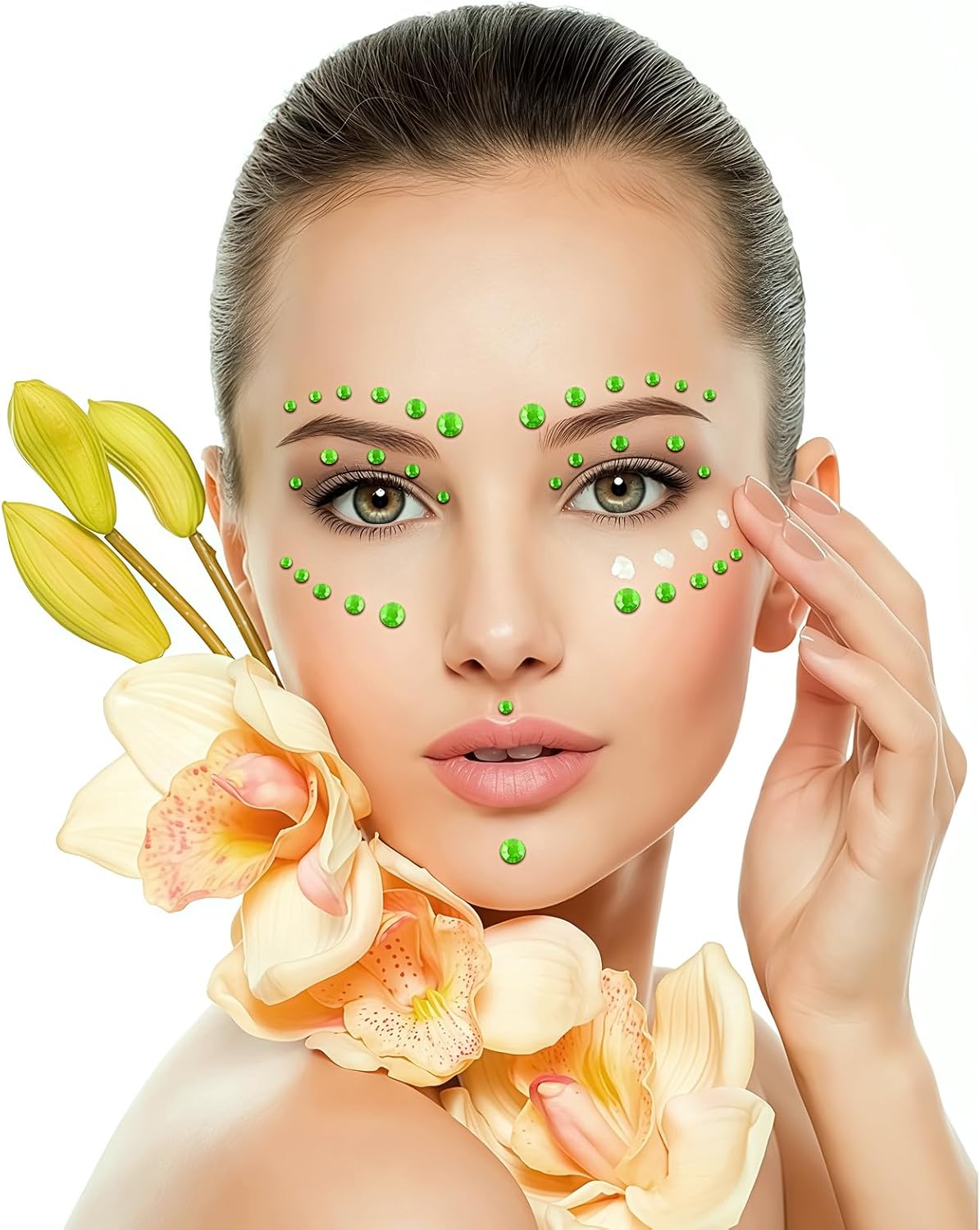 591pcs Face Gems Hair Gems Pearls, Self-Adhesive Face Jewels Eye Rhinestones 3/4/5/6/8 mm Face Gem Stick on, Halloween Makeup Gems Rave Accessories for Face Eyes Body Makeup (09.Light Green)