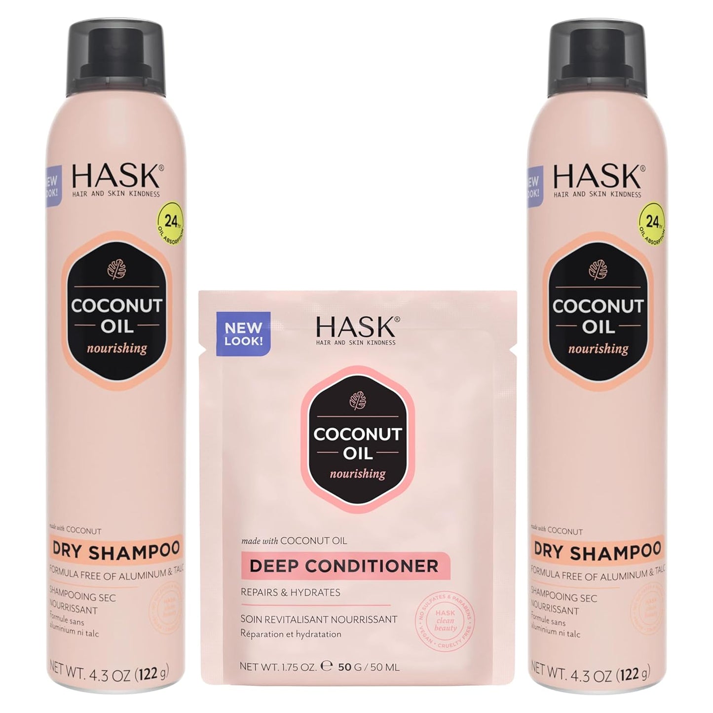 HASK Dry Shampoo Duo (4.3oz-Qty 2) & Deep Conditioner Packette, Aluminum-Free, Sulfate-Free, Paraben-Free, Color Safe, for All Hair Types (Coconut)