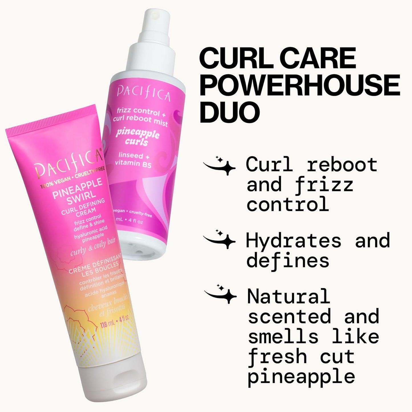 Pacifica Beauty Pineapple Curls Curl Cream & Refresher Mist Set for Curly & Coily Hair – Defining Cream + Day 2 Curl Refresh Spray, Enhances Definition, Tames Frizz, Vegan & Cruelty-Free