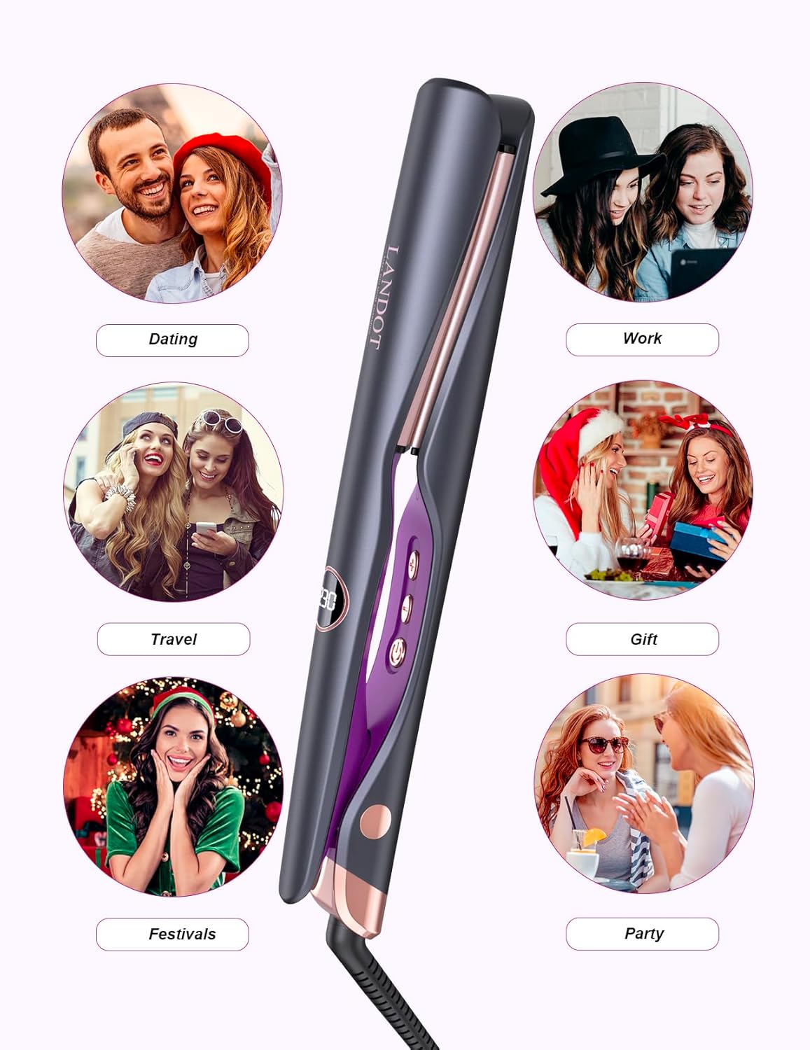 LANDOT 2-in-1 Hair Straightener and Curler - Twist Flat Iron Curling Iron for Smooth Curls & Sleek Straight Salon Results - Dual Voltage Ceramic Straightener Adjustable Temp for All Hair Types