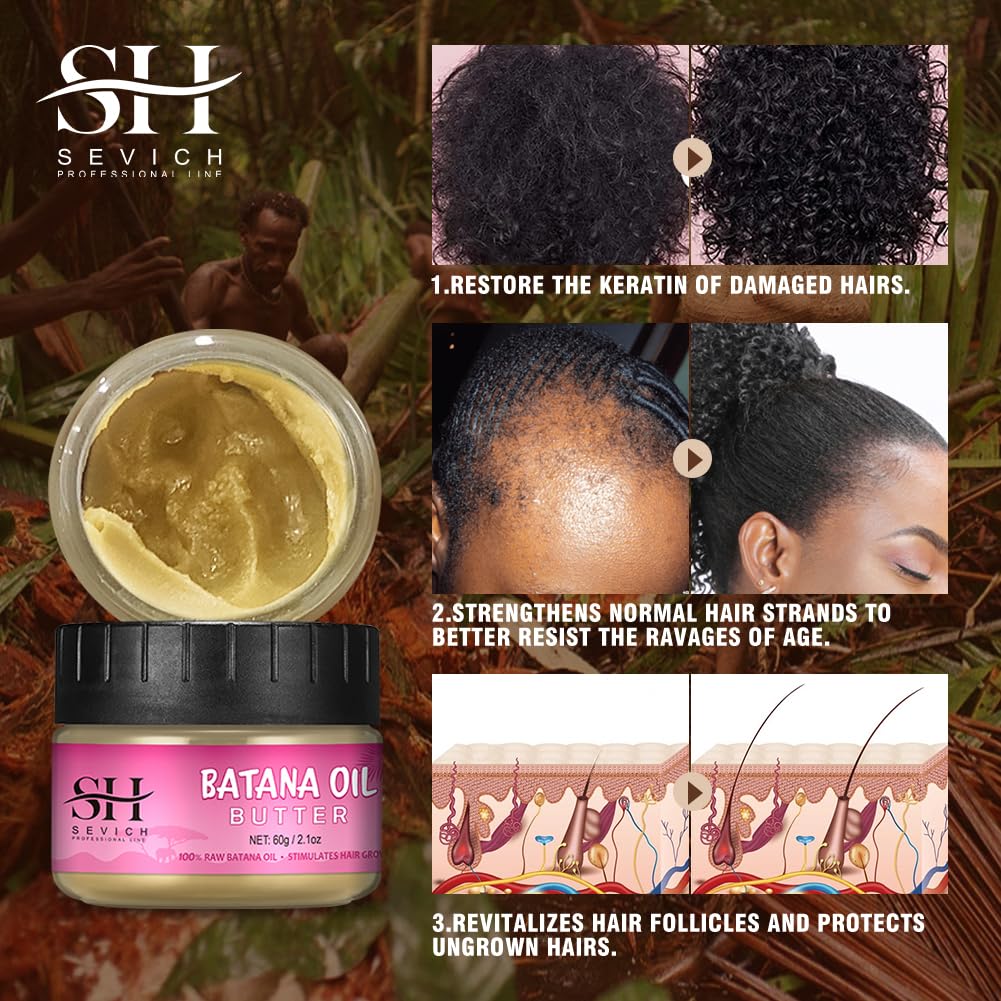 SEVICH Hair Butter with 100% Pure Raw Batana Oil - From Honduras for Growth, Repairing Damaged Tresses, Nourishing Thin Scalp and Promoting Regrowth, Suitable for All Hair Types, 2.1Oz