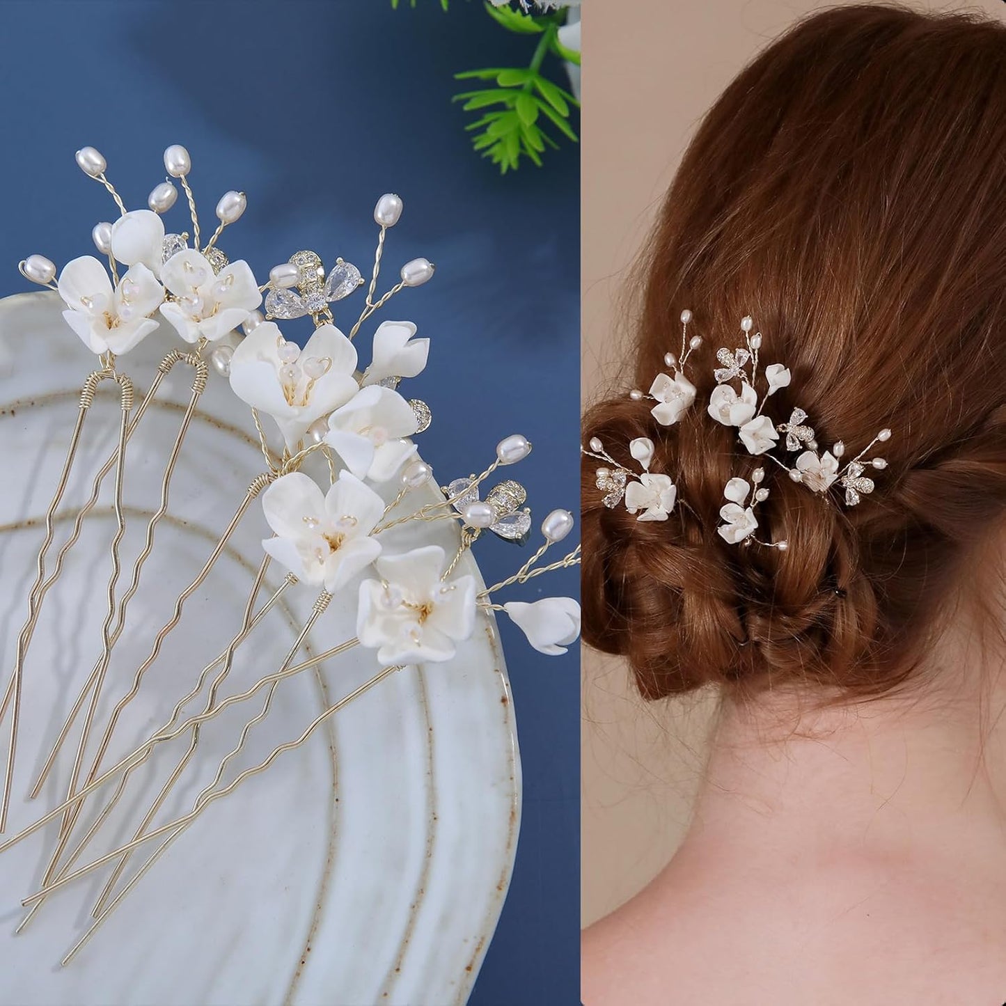Handmade Bridal Wedding Hair Pins 5Pcs White Flower Zircon Pearl Hair Clips Bridal Hair Accessories for Women Girls Brides Bridesmaid