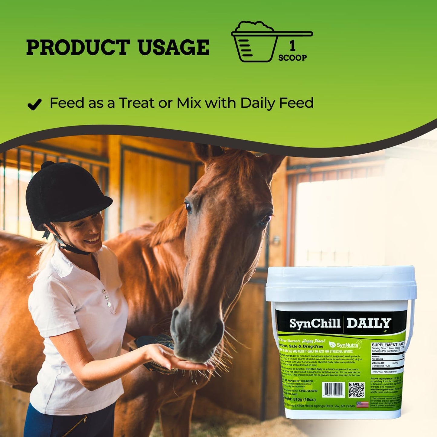 SynNutra Equine SynChill 100% Natural & Nutritional Supplement, Lab Proven Results, Designed for Focus & Performance, Approved by Olympians and Veterinarians, Daily Pellets -30 Servings, Made in USA