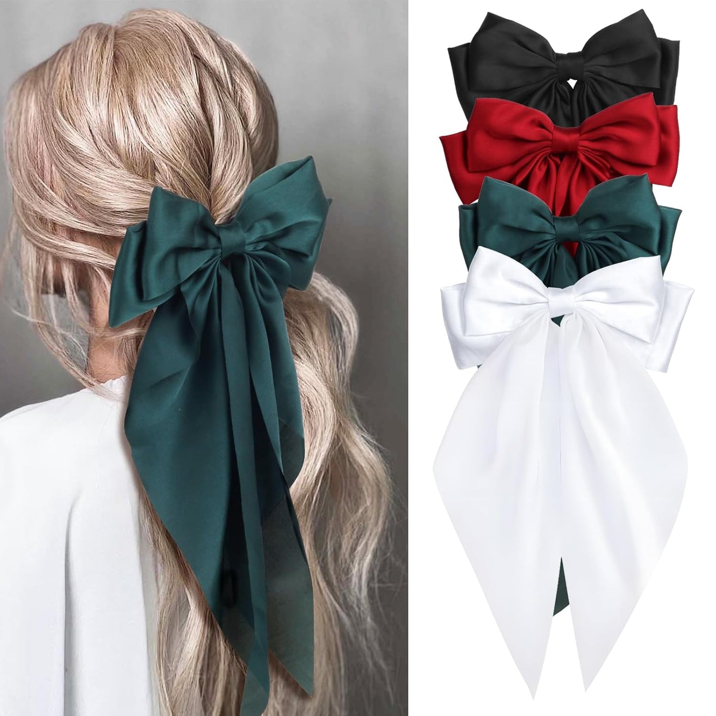 Silky Satin Hair Bows - 4PCS Ribbon Bows for Women & Girls, Big Bow Hair Clips with Long Tail, Barrettes - Cute Hair Accessories Gifts (Black, Red, Green, White)