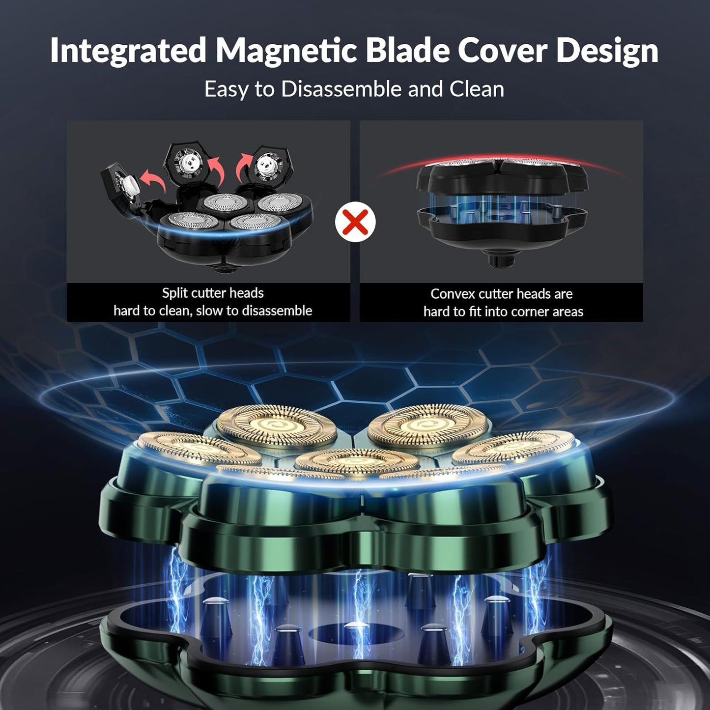 Head Shavers for Bald Men - 7D Arc Magnetic Detachable Electric Razor, Waterproof Wet Dry 5-in-1 Electric Shaving & Grooming Kit, LED Display Rechargeable Head & Body Hair Shaver, Dark Green