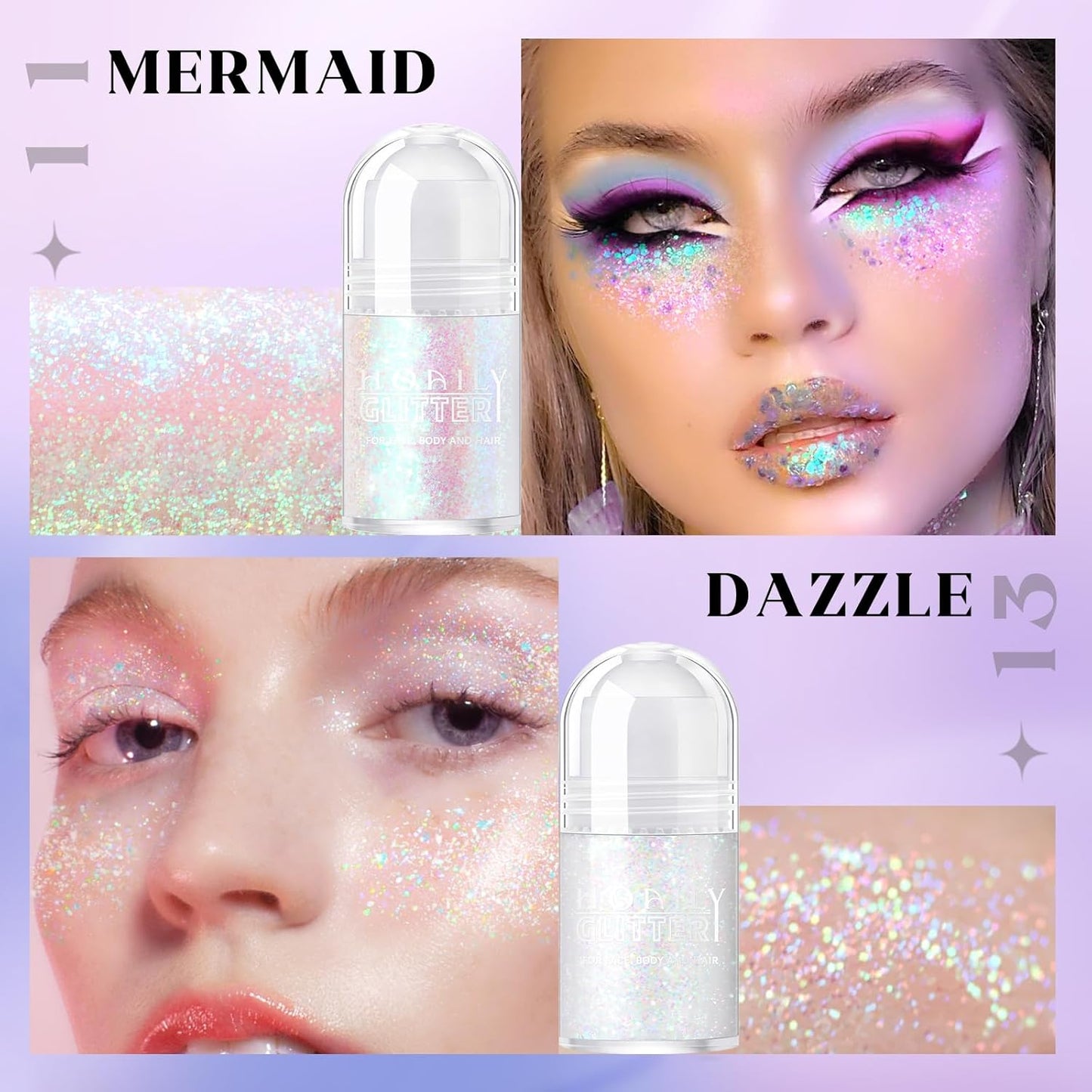 2 Colors Roll-on Body Glitter Gel, Holographic Glitter Gel Under Light for Face Hair, Body Shimmer for Rave Accessories Christmas New Year Halloween Makeup (11+13)
