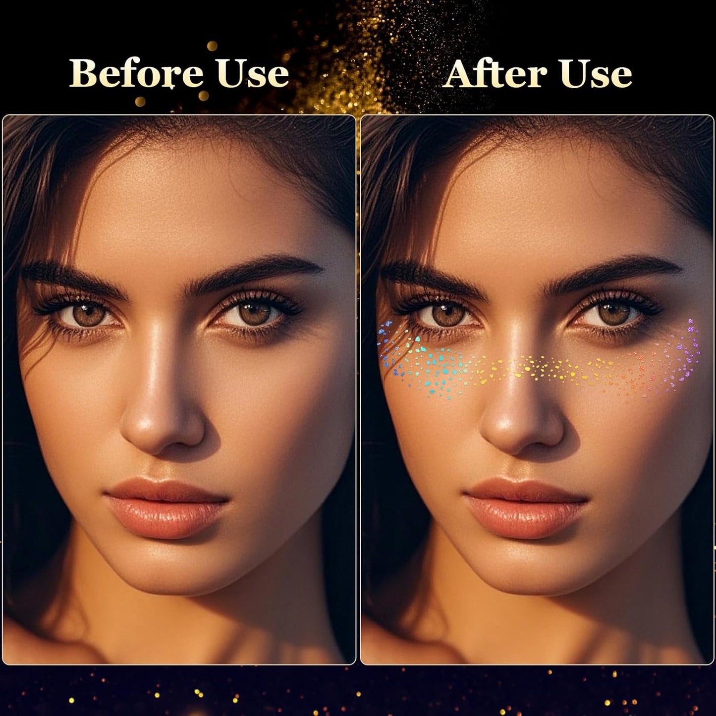 HyperFun 12Pcs Face Glitter Freckles, Face Glitter Fake Freckles Sticker, Gold Sliver Holographic Multichrome Waterproof Sparkle Freckles Makeup Patches for Women Rave Festival Accessories Party Prom