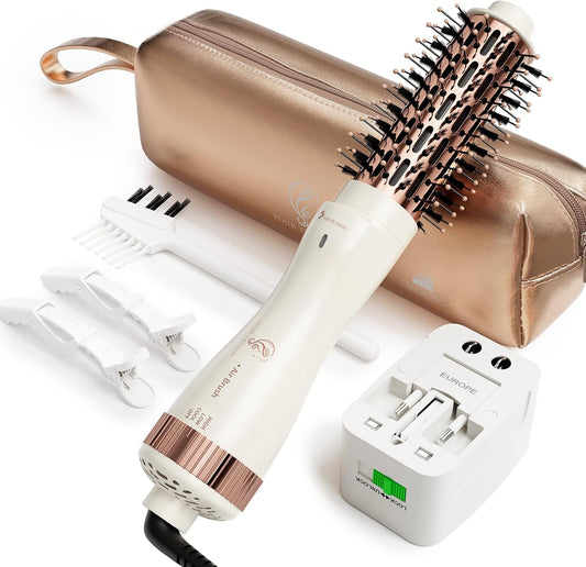 1.5 Inch Barrel (2.8’’ Plus Bristles) Dual Voltage(110~250V) Round Brush Blow Dryer, Hair Dryer Brush with European Plug Adapter, 4-in-1 Negative Ionic One Step Volumizer Dryer