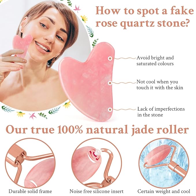 Jade Roller & GuaSha Set-Facial Beauty Roller Skin Care Tools, Rose Quartz Massager for Face, Eyes, Neck, Body to Relieve Wrinkles,Fine Line and Eyepuffiness