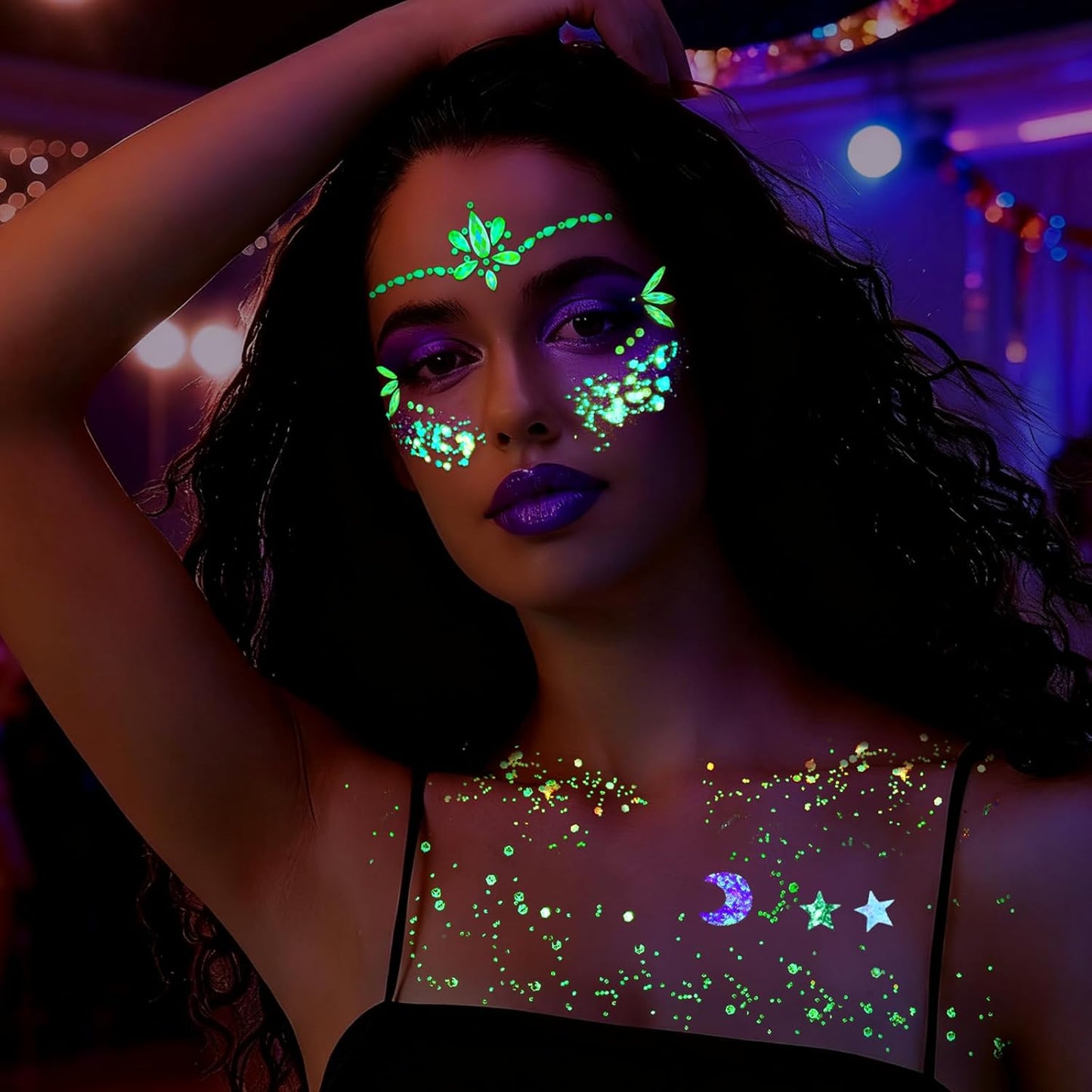 YGDZ Glow in The Dark Face Glitter, Hair Body Glitter Gel, Face Jewels Stick On for Women, Festival Carnival Outfits, Mermaid Costume for Halloween Makeup, Rave Accessories for UV Black Light Party