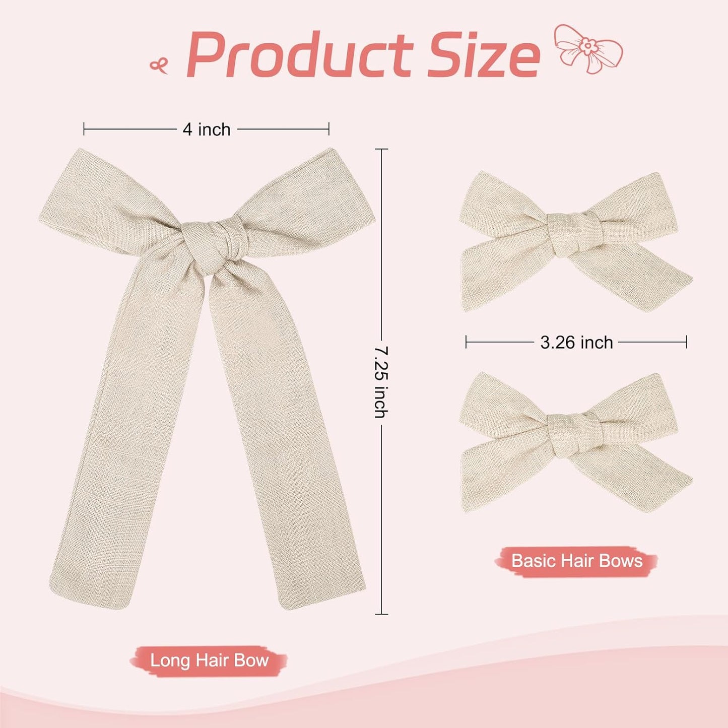 DEEKA Beige Cotton Linen Hair Bows 2 Sizes 5"&3.5" Soft Hair Bow set for Toddler Girls Long Ponytail Knot Bows Alligator Clip Hair Accessories for Little School Girls (Beige)