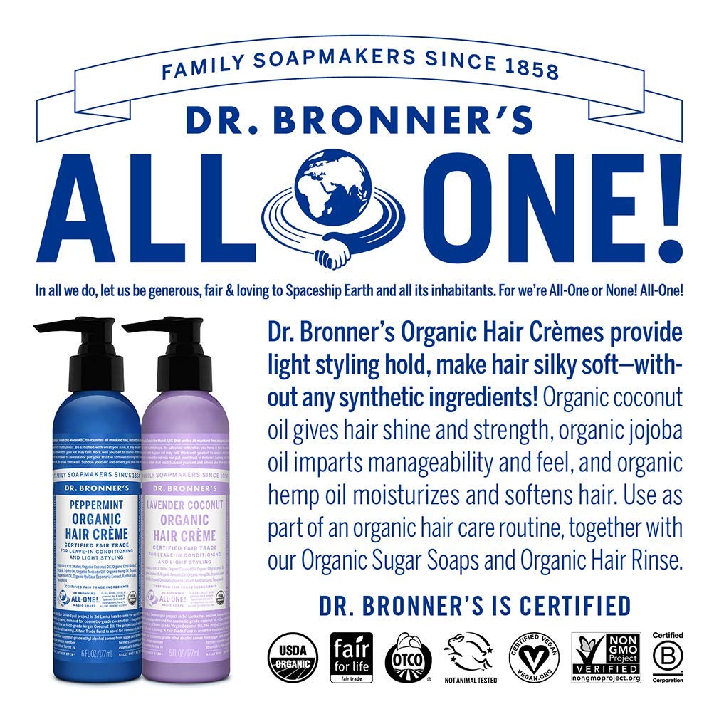 Dr. Bronner's Organic Hair Crème Leave-In Conditioner Styling Cream Anti Frizz Hair Product for Women & Men Hair Cream USDA Organic, Cruelty Free, Lavender Coconut & Peppermint - 6oz 2 Pack