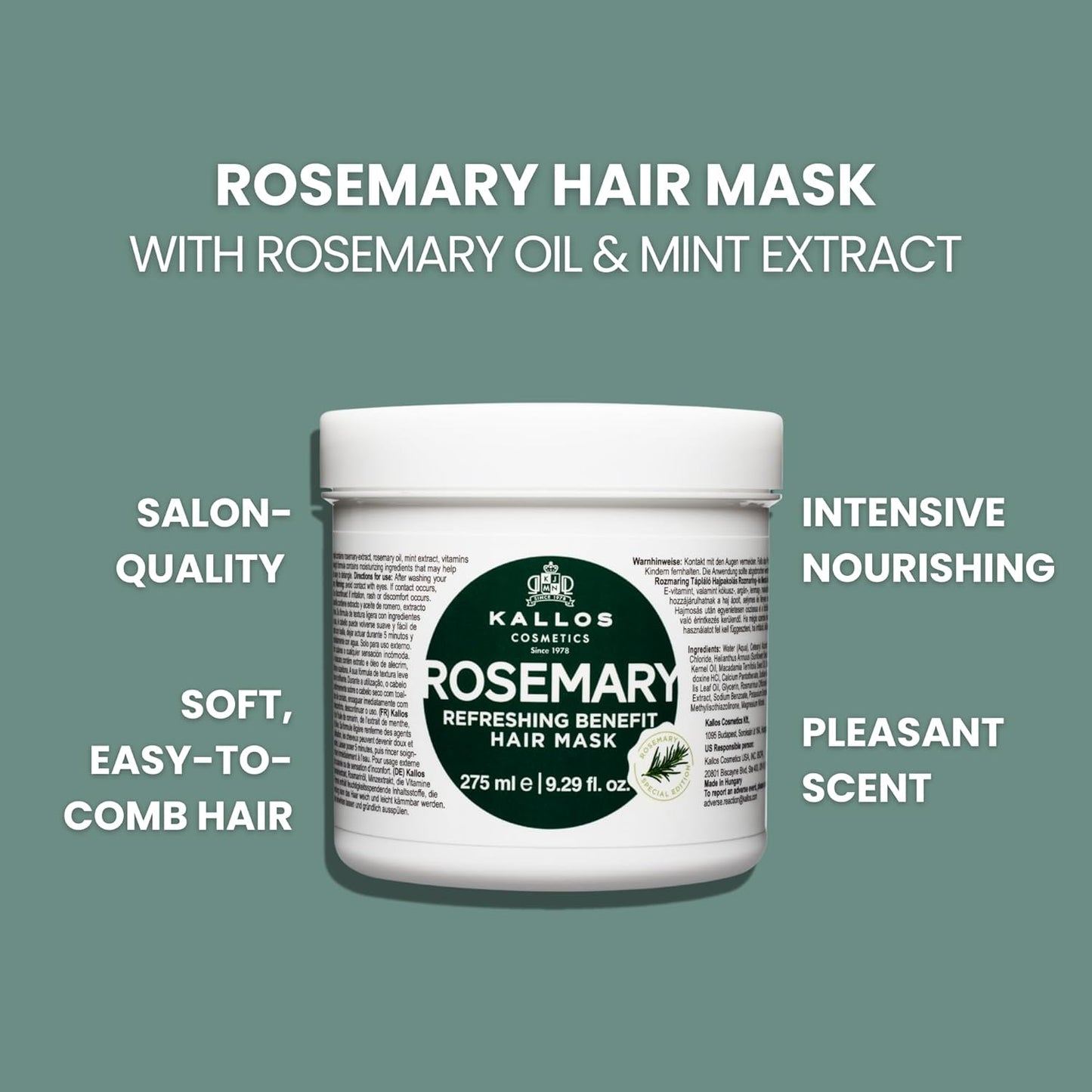 Kallos KJMN Rosemary Hair Mask with Rosemary, Mint & Natural Oils 275 ml - 9,29 Fl Oz