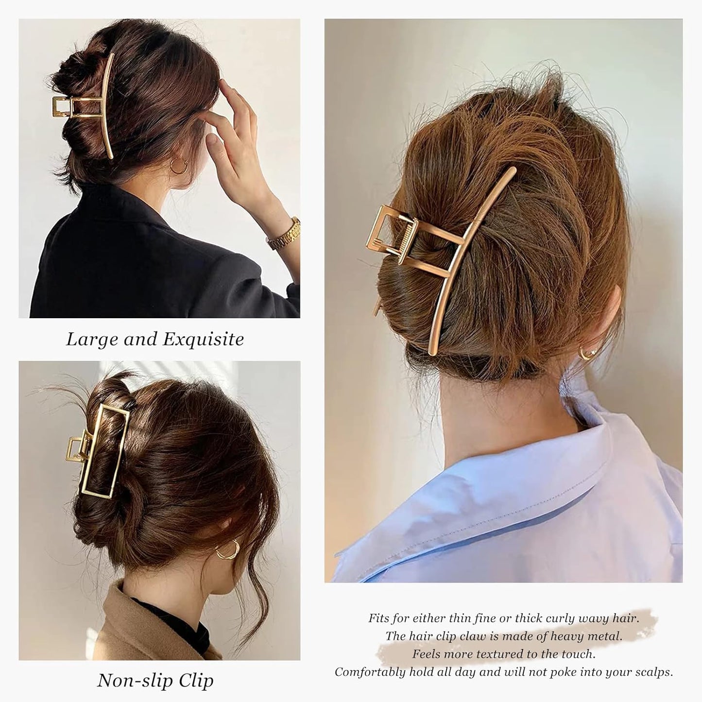 FAELBATY Hair Claw Clips, Large Gold Metal Strong Hold Hair Clips 4 Inch Non-Slip Hair Clips Accessories for Women 3 Styles - Butterfly, Claw, Hair Securing, Hairdressing, 3 Count