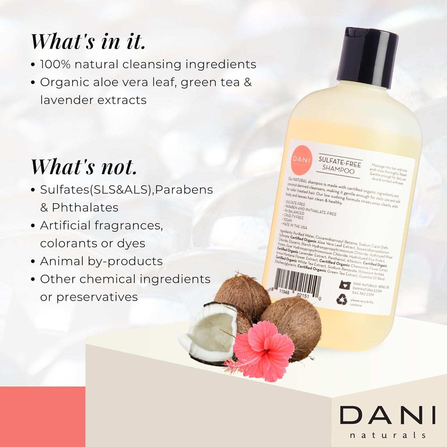 DANI Naturals Moisturizing Shampoo - Coconut Hibiscus - Sulfate-Free, Strengthens & Conditions Dry, Thin, Damaged Hair - Color-Safe, Organic Ingredients, 12 oz
