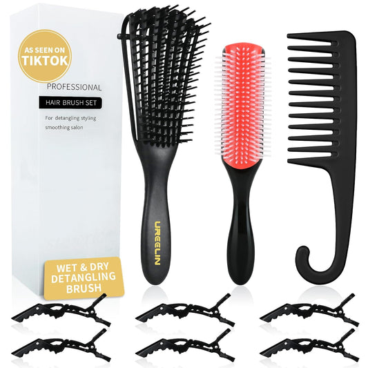 Hair Brush set for Curly, Detangling Hair Brush for Afro America/African Hair Textured 3a to 4c, Detangler Brush for Women Men Kids Styling Defining (Black)