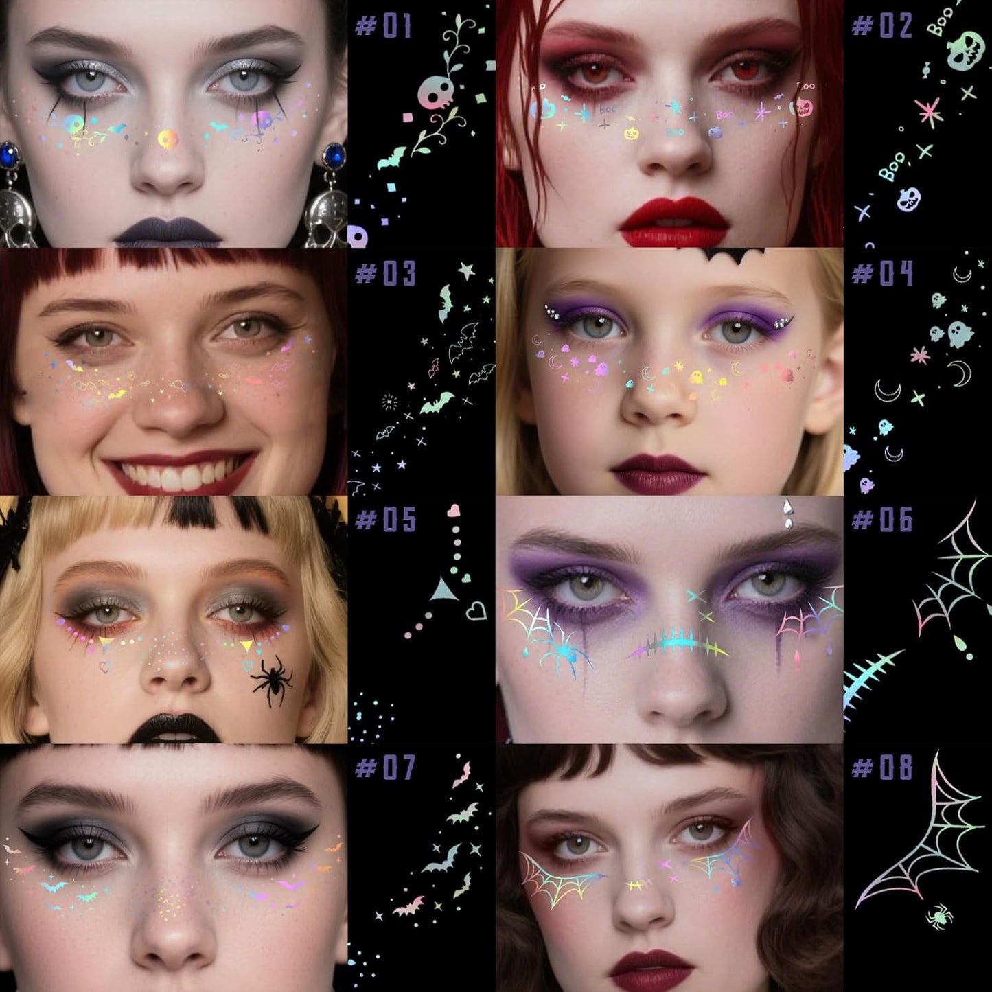 8pcs Holographic Silver Halloween Glitter Freckles Face Tattoo, Waterproof Long Lasting Multicolor Speckles Patches for Women Kids, Cute Temporary Tattoo Makeup Accessories for Festival Rave