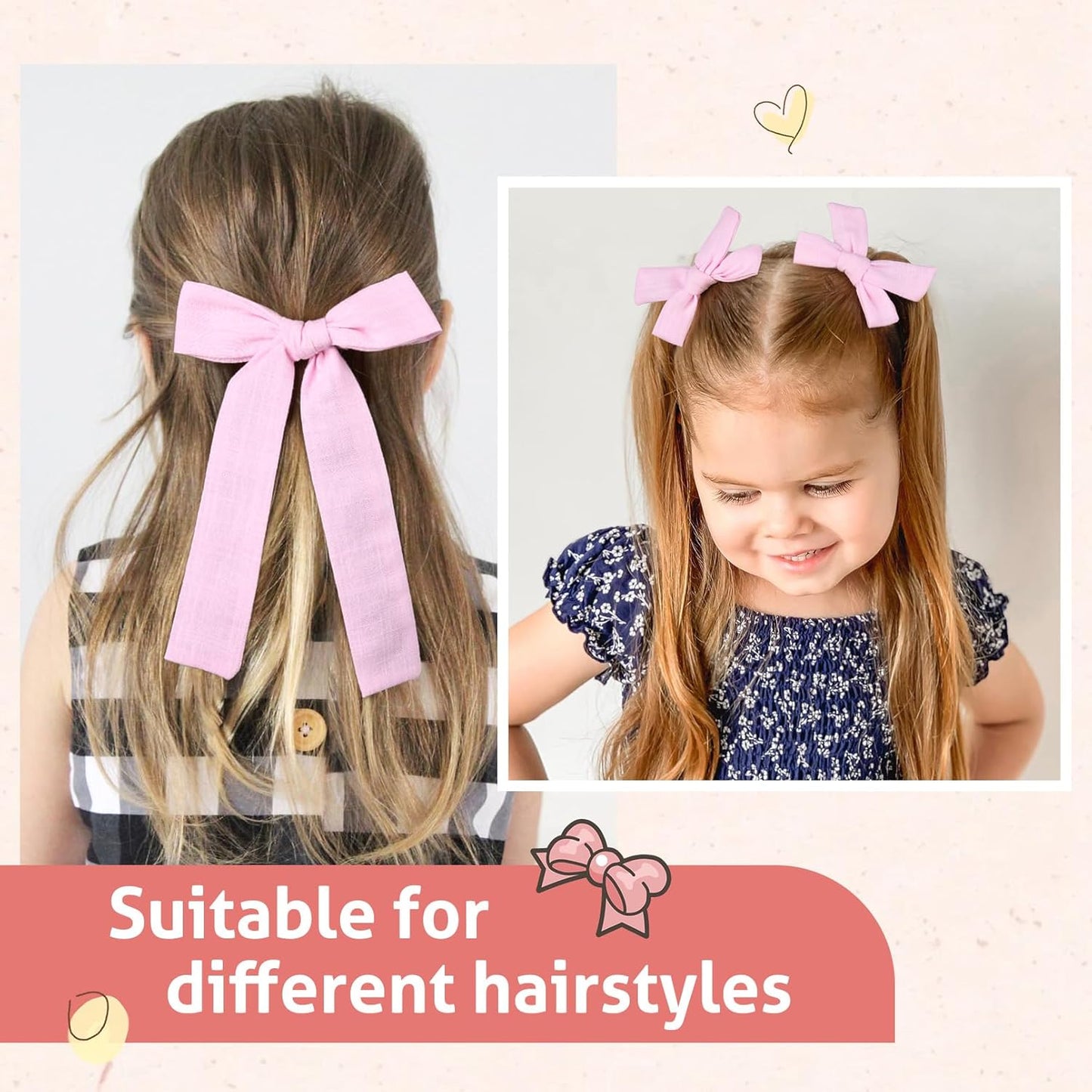 DEEKA Light Pink Cotton Linen Hair Bows 2 Sizes 5"&3.5" Soft Hair Bow set for Toddler Girls Long Ponytail Knot Bows Alligator Clip Hair Accessories for Little School Girls (Light Pink)