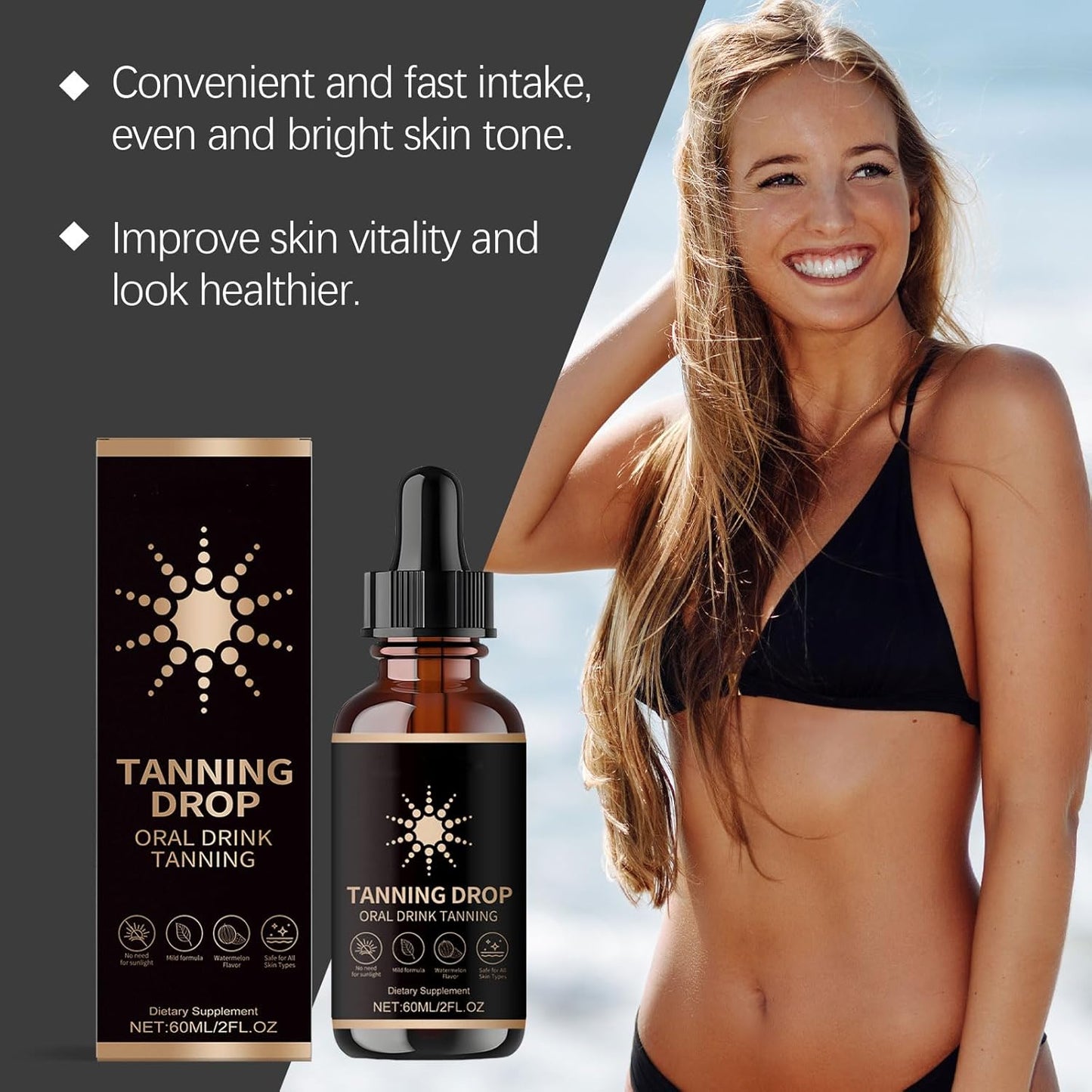 Tanning Drops, 2Fl Oz Sunless Tanning Drops To Drink, Bronzing Tanner for Face and Body, Long-Lasting Tans Without Sun, Enhancing Natural Skin Tone for All Skin Types