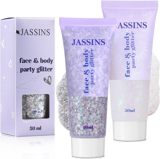 JASSINS 2PCS Body Glitter, 100ml Silver and White Face Glitter for Women Girls Kids, Glitter Gel Makeup Tween Gifts, Singer Concerts Festival Rave Accessories, Chunky Mermaid Sequins Glitter