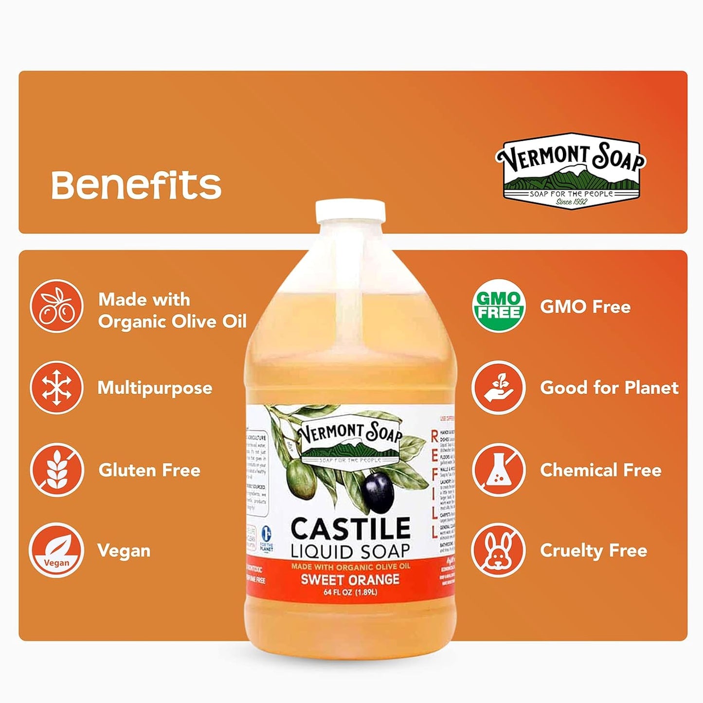 Vermont Pure Castile Soap Orange, Gentle Liquid Soap for Sensitive Skin & Natural Body Wash, Organic Hair Shampoo for Oily Hair, Aloe Castile Soap for Men & Women - 64 Oz