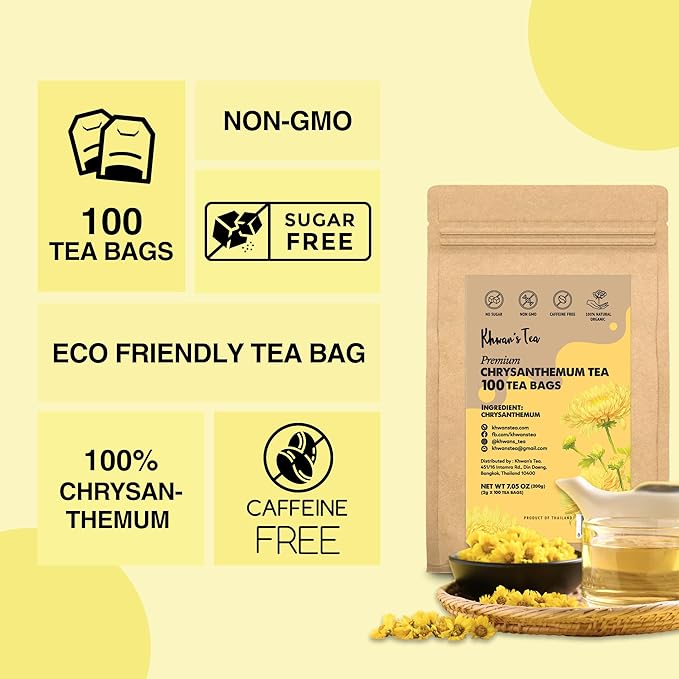 Chrysanthemum Tea Bags 2gx100 counts, Dried Chrysanthemum Flowers Powder Ground, Flower Tea Bag, Caffeine-Free, Non-GMO, Vegan - From Thailand (7oz)