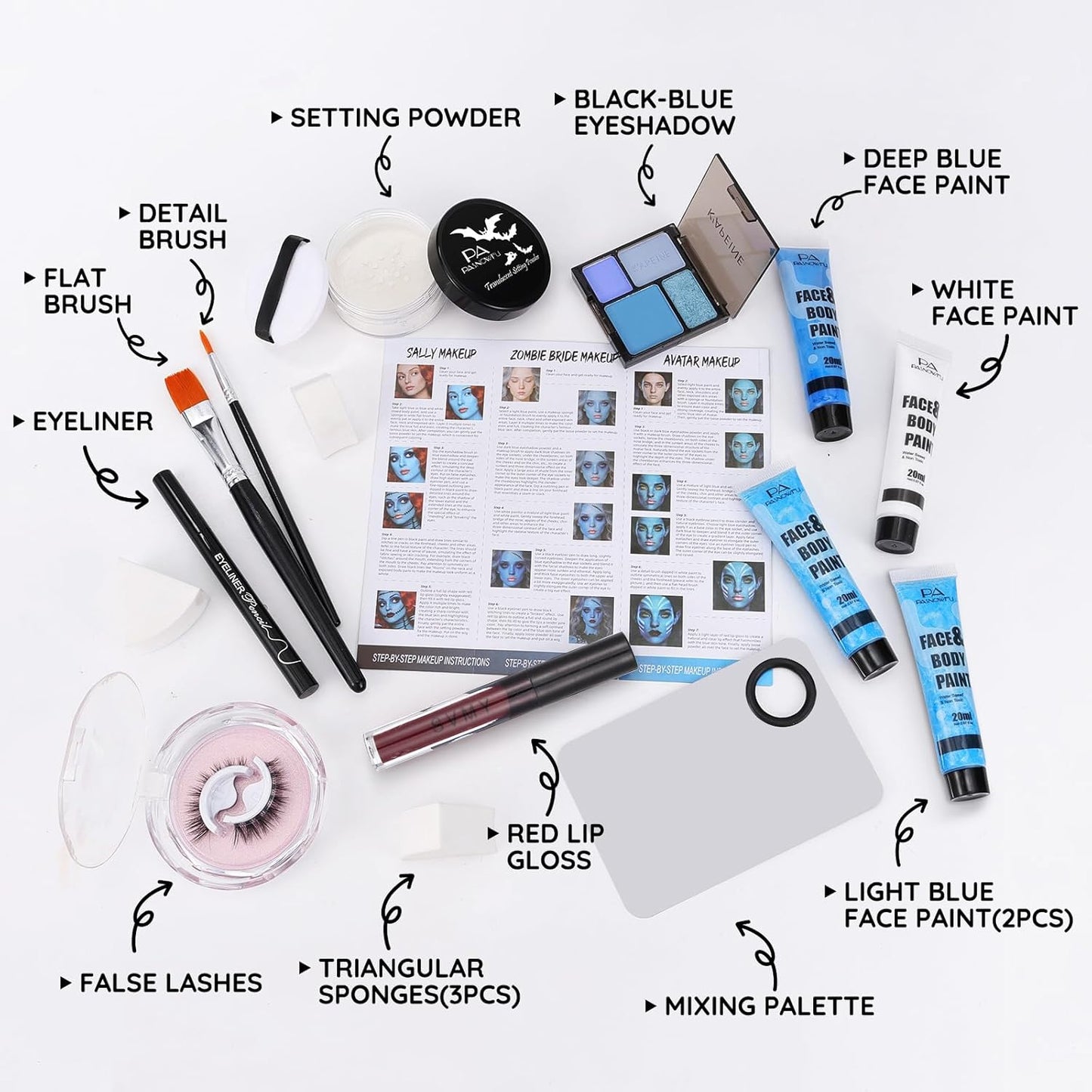Halloween for Sally& Corpse Bride Makeup Kit, Water-Based Face Paint Set with Blue Face Paint Red Lip Gloss for Avatar Smurf Costume Cosplay, Halloween Cosplay SFX Makeup Set for Party