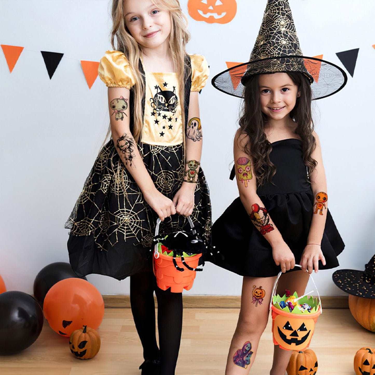 Halloween Tattoos for Kids Halloween Party Favors, 24 Sheets Large Halloween Half Arm Temporary Tattoos for Kids, Large Tattoos Sticker For Kids Boys Girls Halloween Party Gift Bags Stuffers