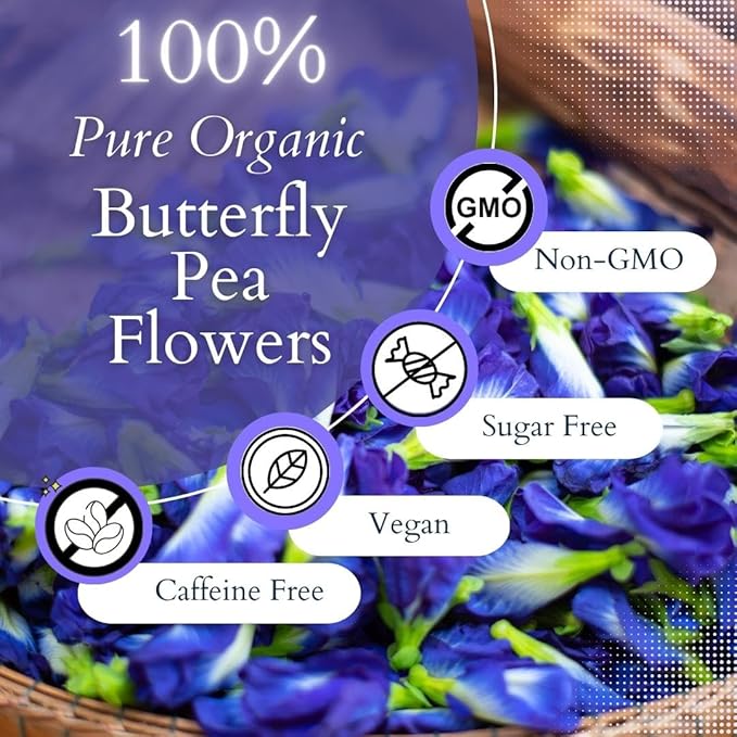 YESTEA 100% USDA Organic Butterfly Pea Flower 4.41 oz (375+ Cups) Small-Batch and Handpicked from Thailand - Non GMO Rich in Antioxidants, Caffeine Free, Vegan, and Gluten Free (4.41 Oz)